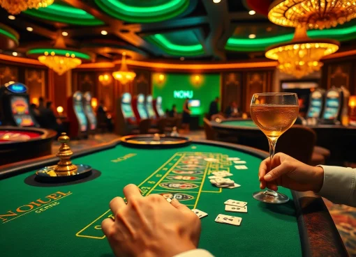 NOHU’s Ultimate Guide to Profitable Casino Strategies for 2025 Vibrant casino scene featuring players enjoying poker and roulette, capturing the thrilling essence of NOHU gambling experiences.