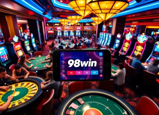 98win App: The Ultimate Guide to Winning at Online Gambling 2025 Players enjoying poker and blackjack in a casino featuring the 98win app for mobile betting.