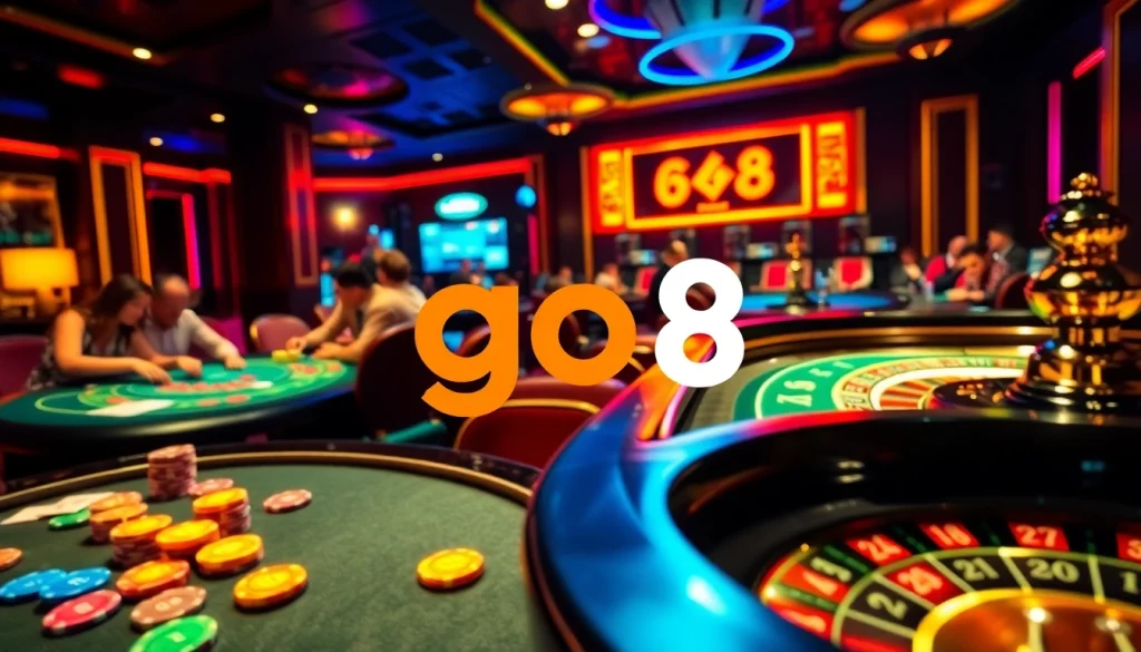 The go8 casino experience showcases thrilling roulette and poker action with vibrant decor.